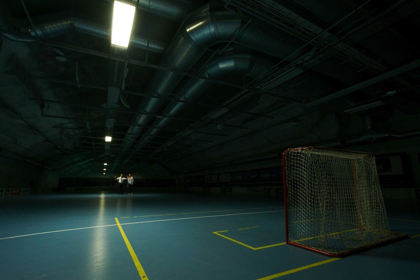 A goal and field markings shown on a sports field inside a tunnel