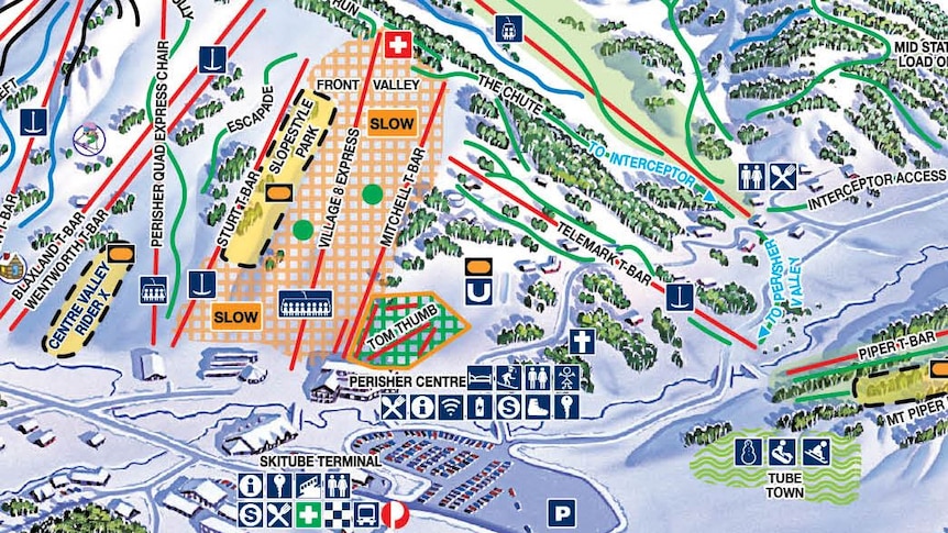 An illustrated map of ski slopes at the Perisher resort in New South Wales. The bottom right appears to be an area for snow play