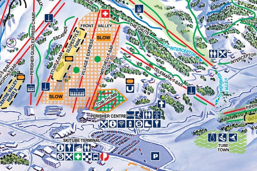 An illustrated map of ski slopes at the Perisher resort in New South Wales. The bottom right appears to be an area for snow play