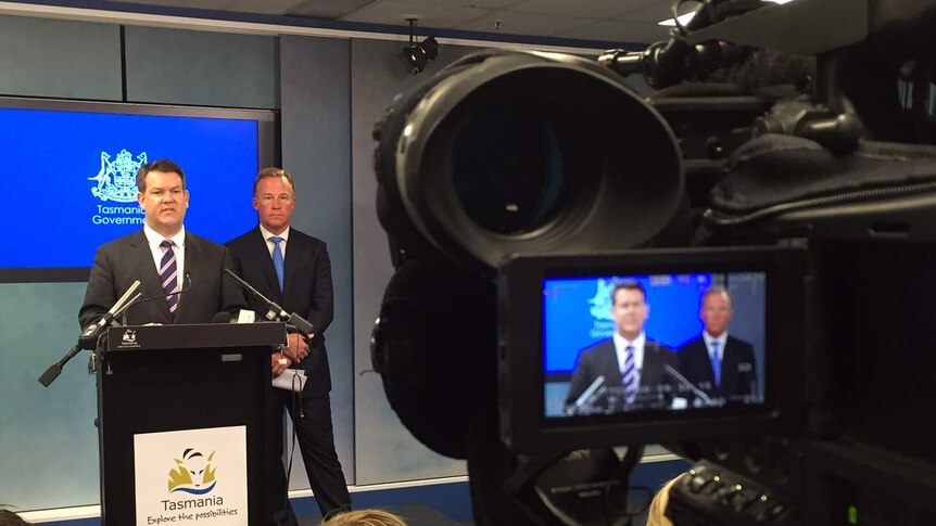 Matthew Groom and Will Hodgman at a media conference