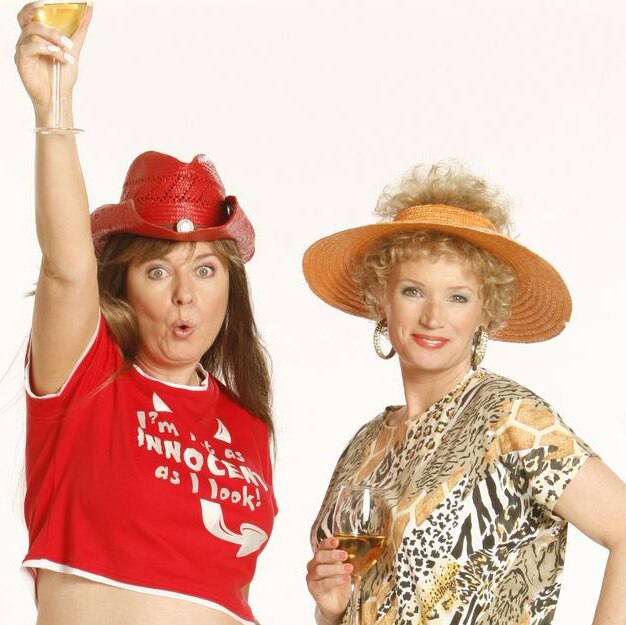 Gina Riley and Jane Turner in costume as Kath and Kim. 