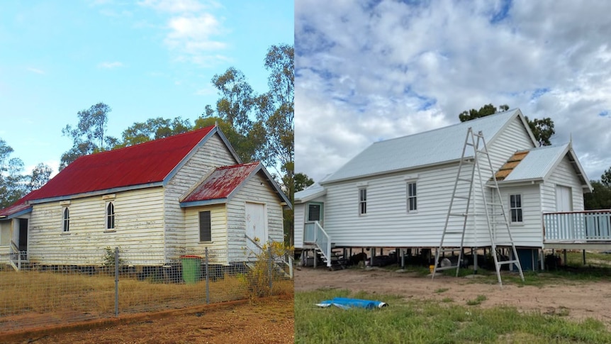 A composite of two photos, the left one showing a red roof, peeling cream paint, the right one a gray roof, white paint, a ladder beside it.
