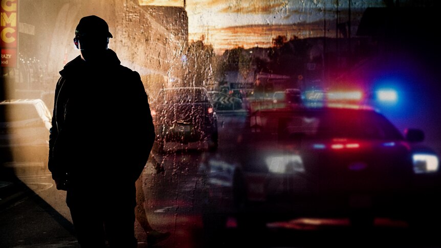 Graphic with silhouette of police officer next to flashing police cars 