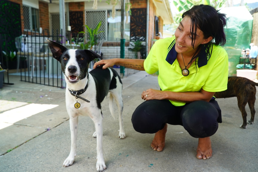 Woman squatting patting dog.