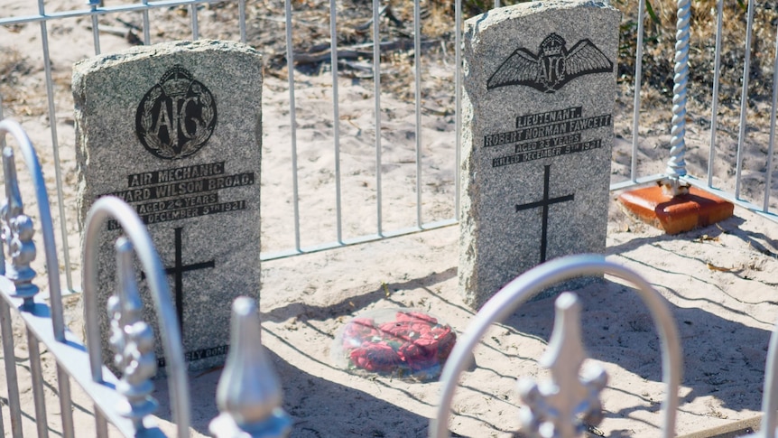 Two graves in the bush, surrounded by ornate fencing.