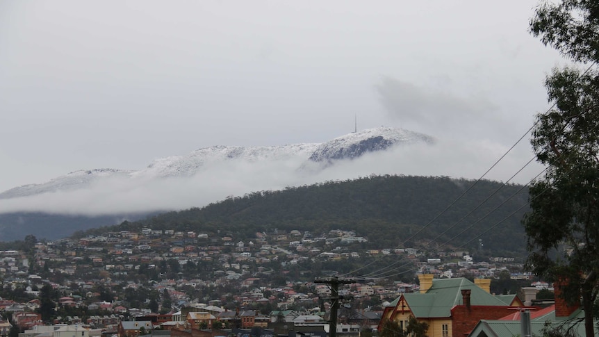 Snow covered Mt Wellington taken from the Hobart suburb of Glebe.