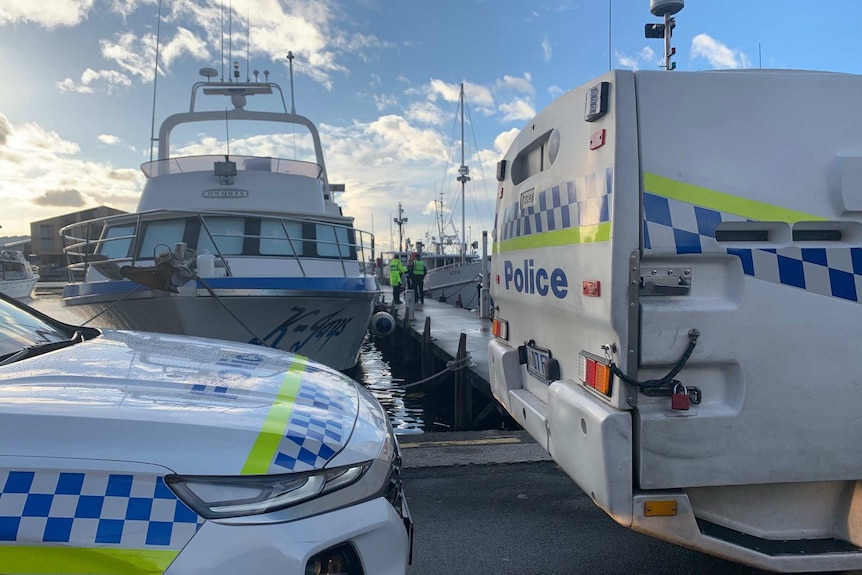 Tasmania Police officers on Hobart's waterfront near police cars.