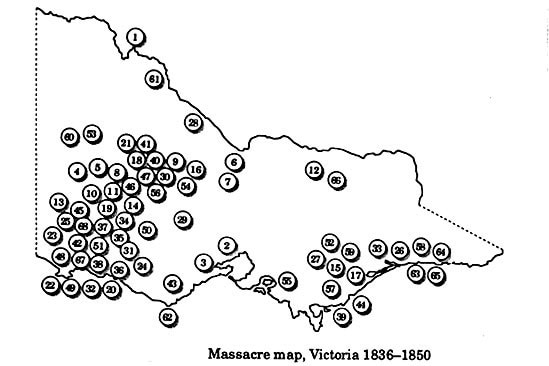 A black and white map of Victoria with massacre sites pointed out.