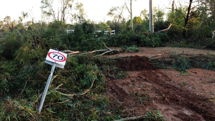 Bundalong, Vic tornado damage, with fallen road sign
