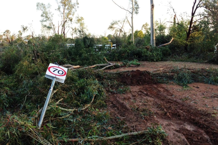 Bundalong, Vic tornado damage, with fallen road sign