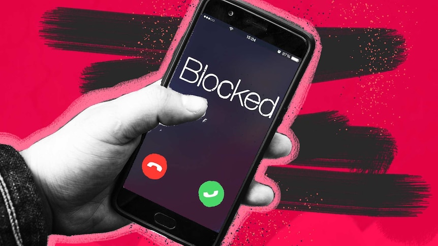 Illustration shows person holding phone with a 'blocked' call coming through for an article about the silent treatment.