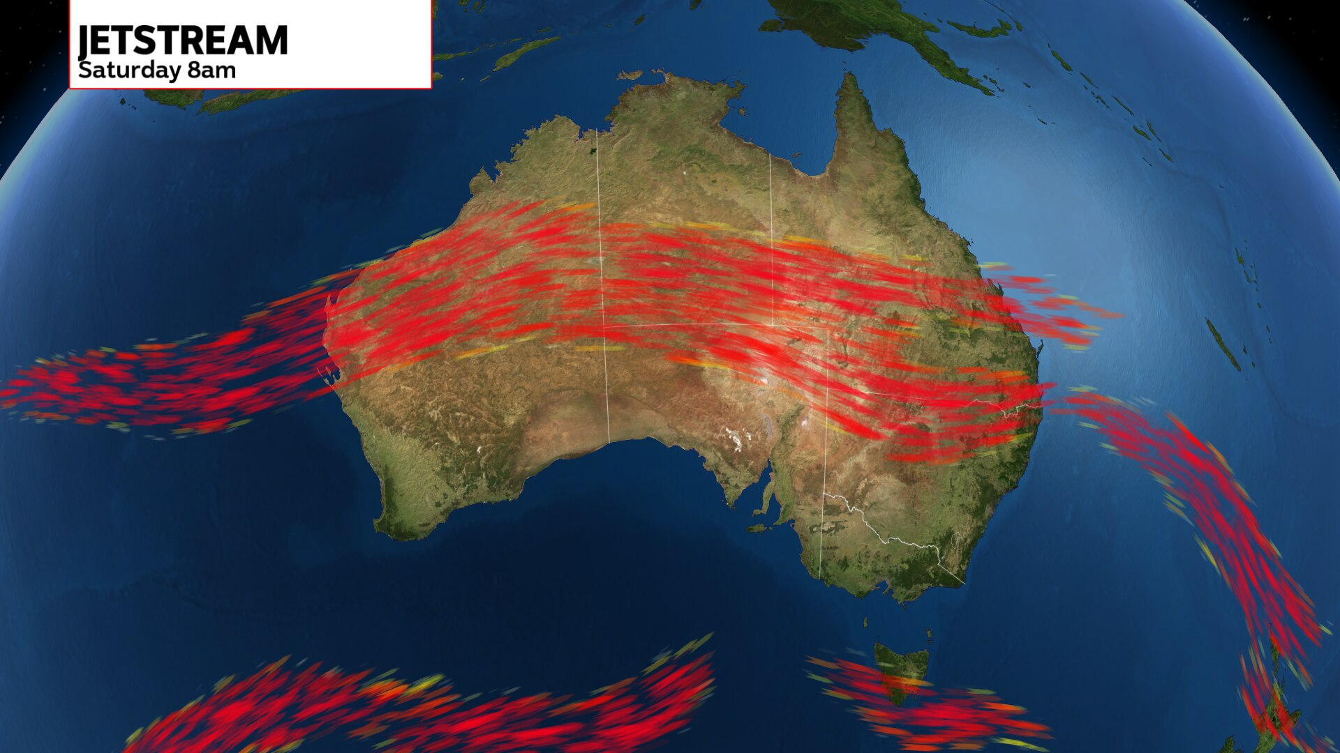 a weather map of australia showing a read streak representing a jetstream