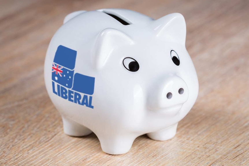 A white piggy bank with a Libaral Party logo on the side.