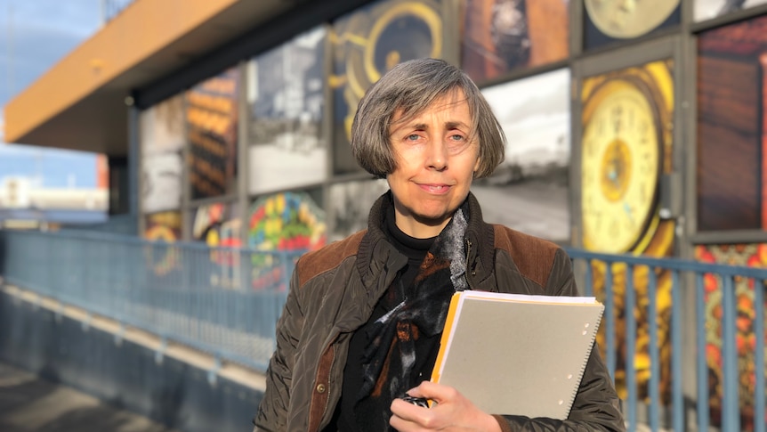 Burnie woman Lyndal Thorne, vice-president of the arts council, standing in front of a building with art work on it. 