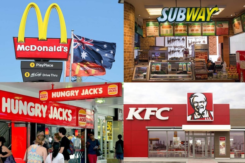 A composition picture of Hungry Jack's, Subway, KFC and McDonald's.