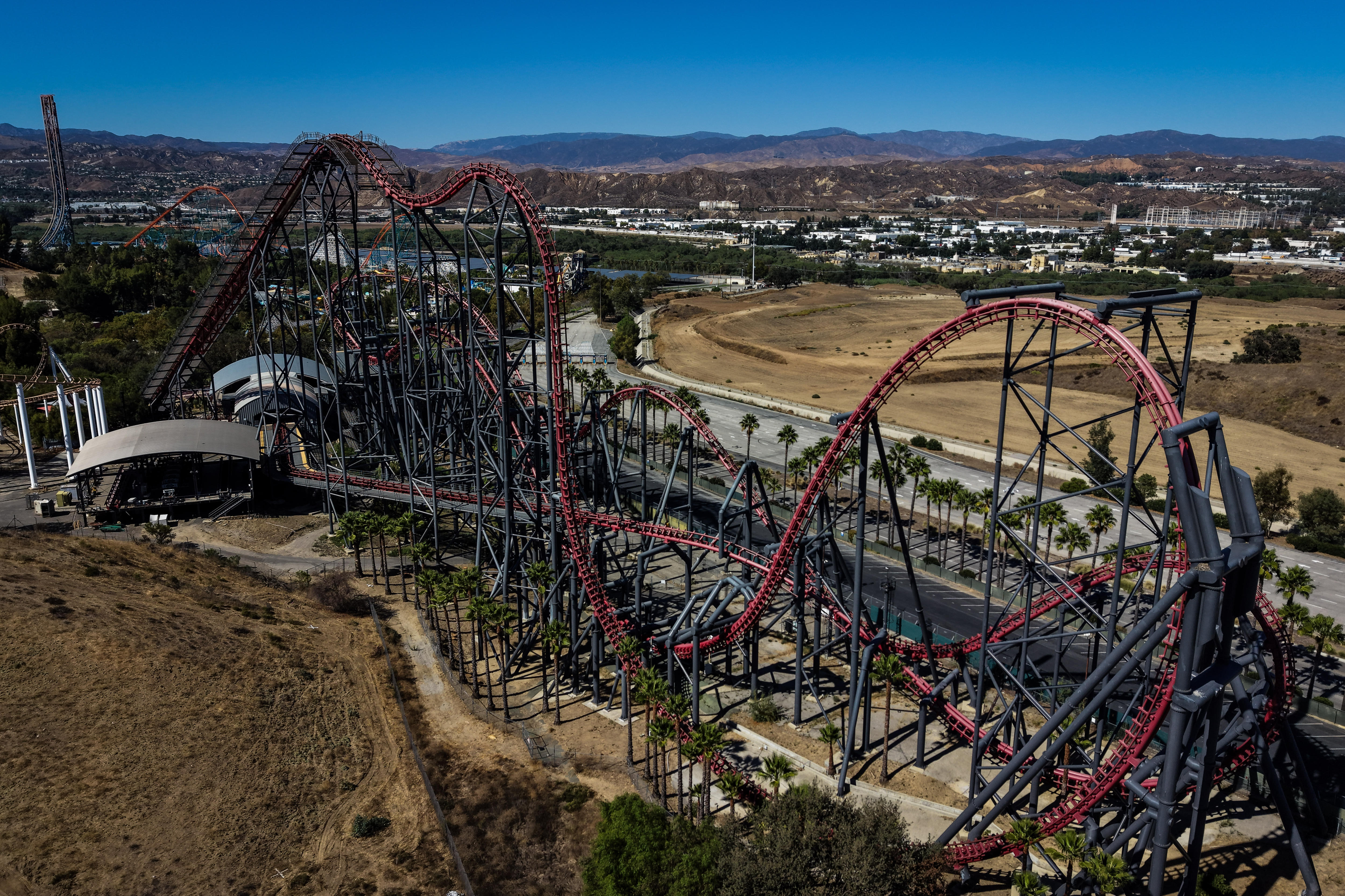 This aerial view shows the X2 roller coaster at Six Flags Magic Mountain in Valencia, California