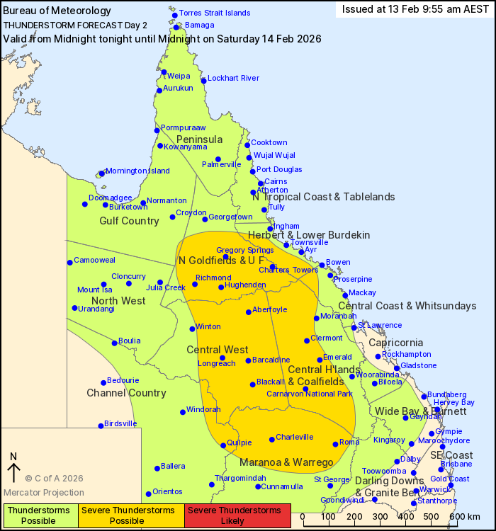 Un mapa meteorológico que muestra dónde podrían producirse tormentas eléctricas e inundaciones repentinas en Queensland.