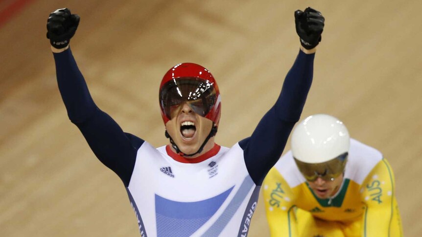 Chris Hoy wins his sixth Olympic gold medal, taking out the men's keirin as Shane Perkins looks on