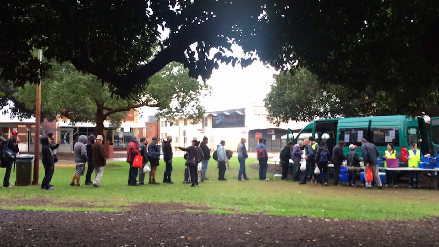 Manna food truck serving meals to homeless people in Weld Square in Northbridge, Perth, 2 July 2015