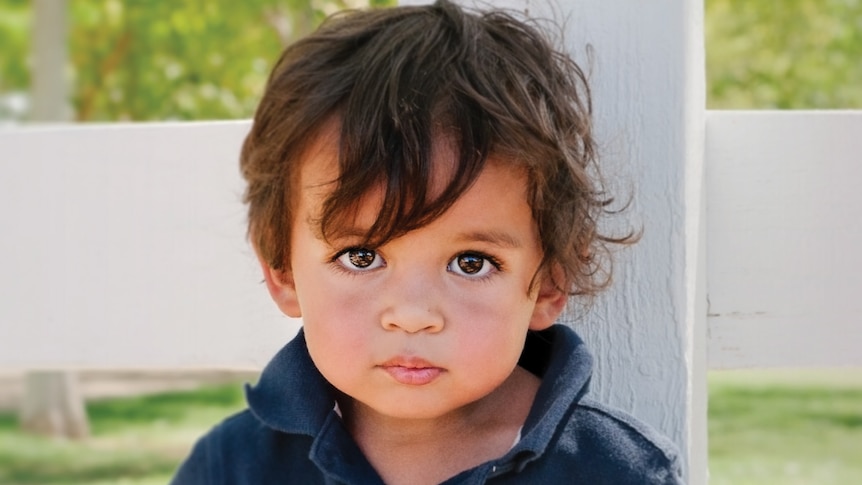 A small boy looks at the camera, fence and park in background.