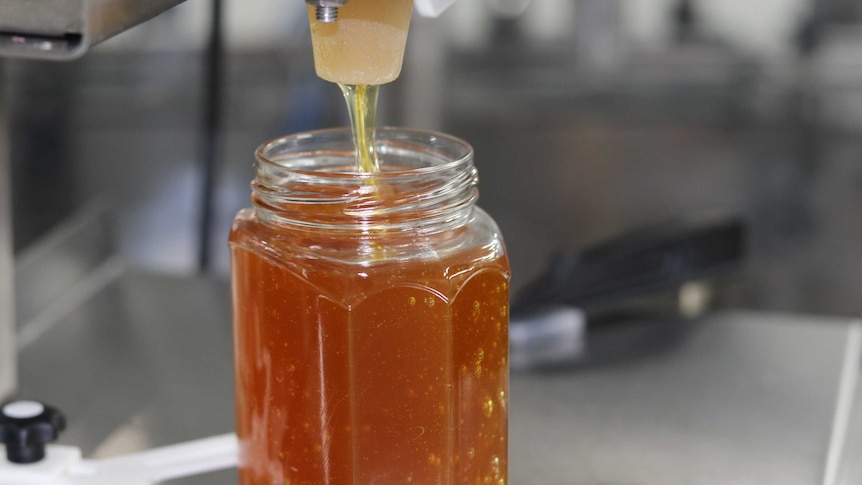 A jar of honey is filled using an automatic dispenser