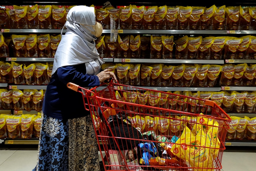 A woman pushes a shopping cart next to shelves of palm oil.