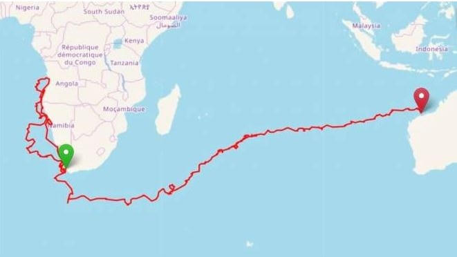 A map showing where a turtle swam from South Africa to Western Australia