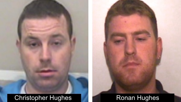 Christopher Hughes, left, is seen in a mugshot next to Ronan Hughes. Both have short hair and are seen against light backgrounds