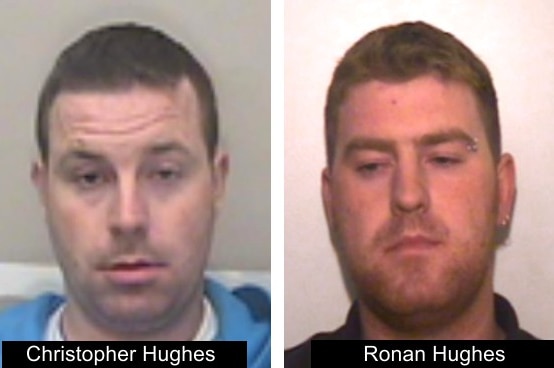Christopher Hughes, left, is seen in a mugshot next to Ronan Hughes. Both have short hair and are seen against light backgrounds