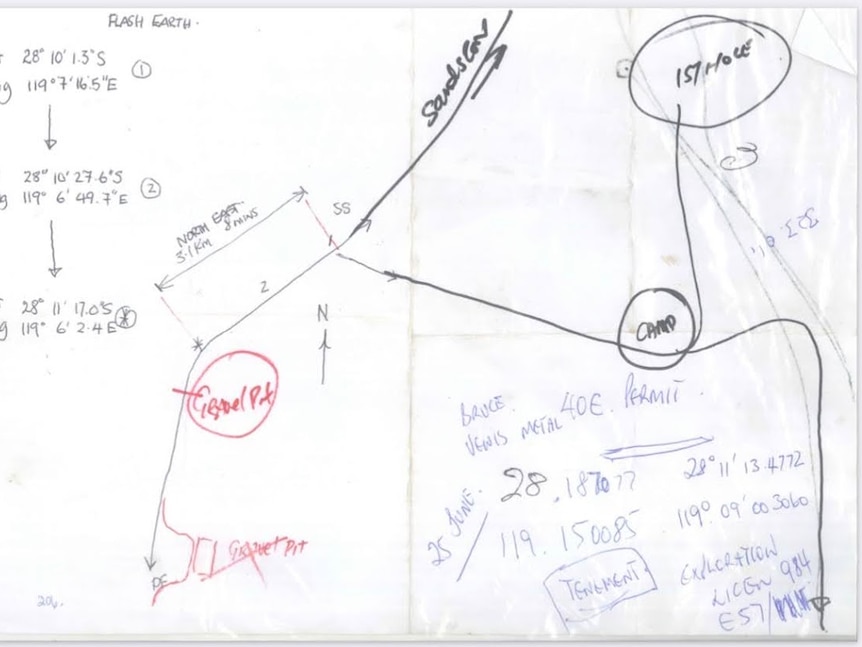 A map shows coordinates, a road and the word "camp" circled, and a line to another circle above it saying "first hole".