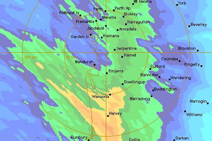 A radar map showing a green and orange patch of rain over south-west WA.