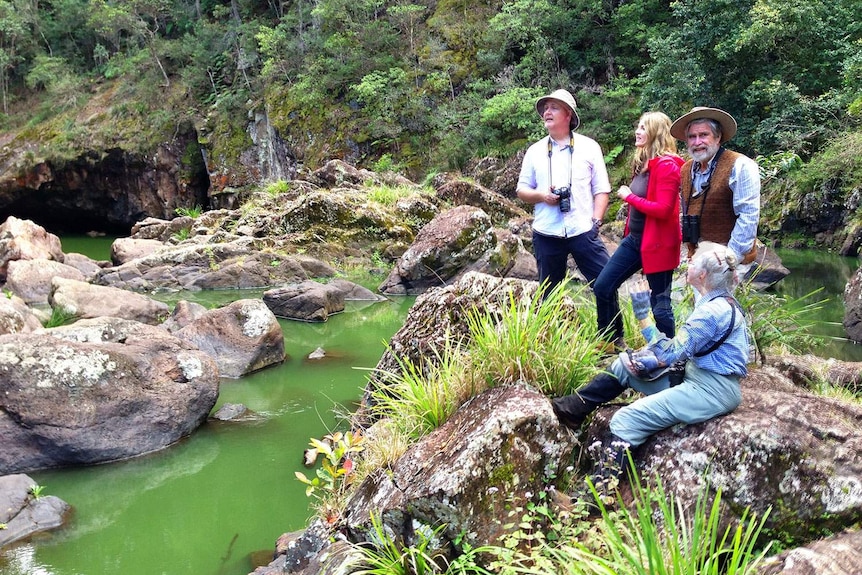 Three Sunshine Coast environmentalists stand on rocks at the bottom of Obi Obi Gorge