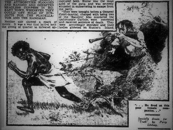 Newspaper illustration of man shooting at fleeing Aboginal woman.