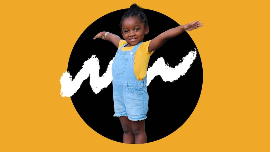 yellow background with young African American child smiling with arms open wide