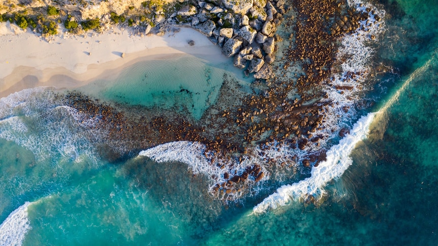 An overhead view of Stokes Bay on Kangaroo Island.