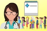 an illustration of a female doctor with a line of patients and a clipboard arranged as artwork