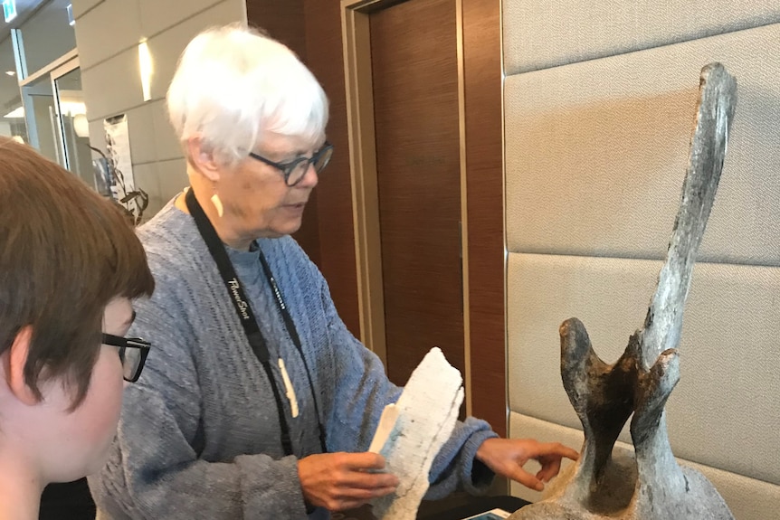 An older woman inspects a piece of old bone in a museum.