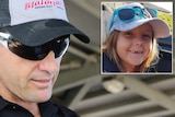 Ian Board, wearing a baseball cap and sunglasses, and an inset photo of Anita Board wearing a cap and sunglasses on her head.