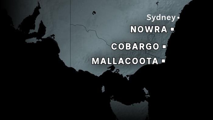 Map showing the locations of Nowra, Cobargo & Mallacoota