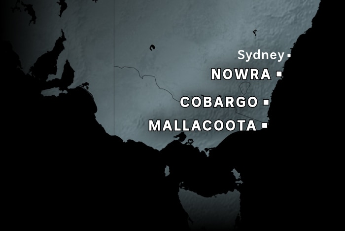 Map showing the locations of Nowra, Cobargo & Mallacoota