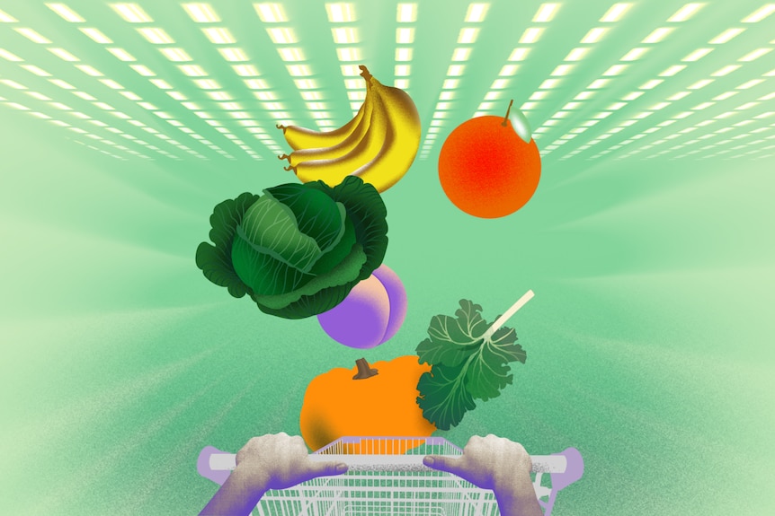 Illustration of a fruit and vegetables falling from bright background into trolley.