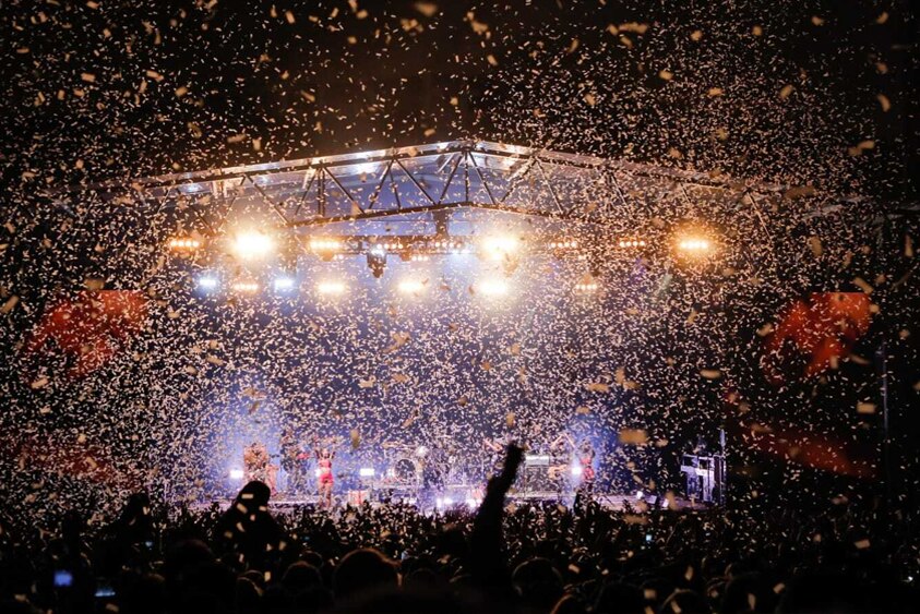 The mainstage showered in confetti at the 2019/20 leg of Falls Festival in Marion Bay, Tasmania