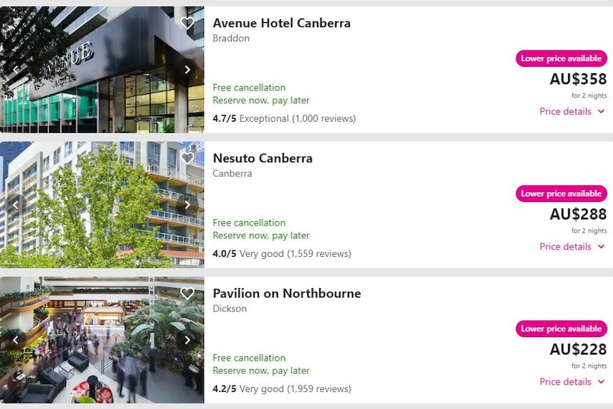 Screenshot from lastminute.com.au showing Canberra hotels.