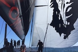 US supermaxi Comanche under spinnaker in Sydney Harbour on December 21, 2014.