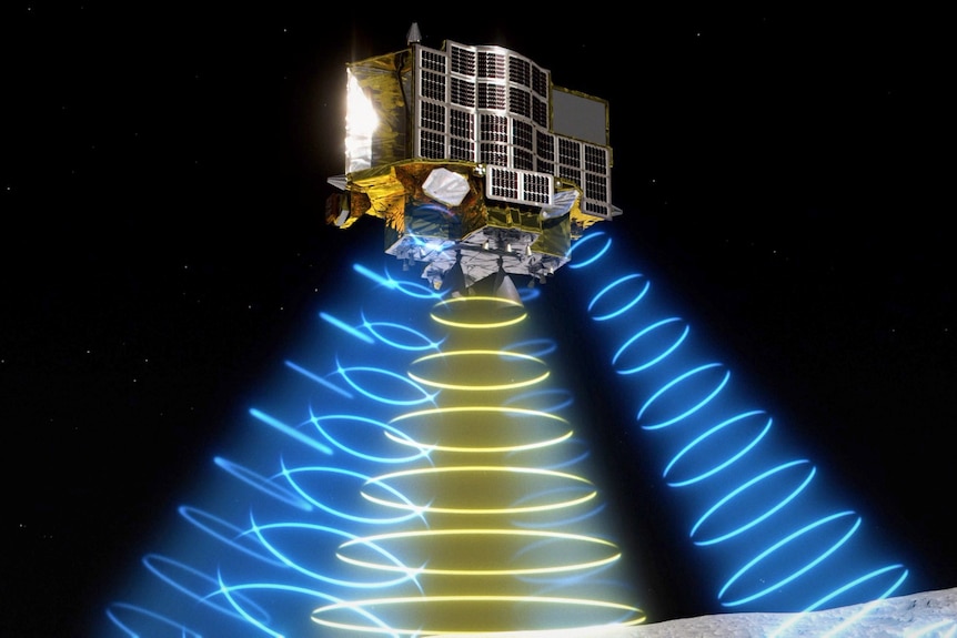 A computer generated image of the SLIM spacecraft sending out blue and yellow signals to detect the lunar surface.