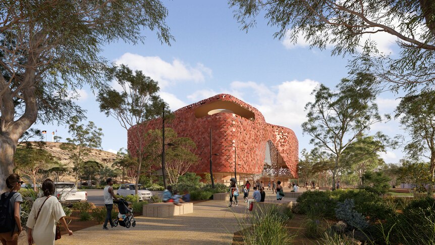A artists' impression of a red tiled building surrounded by a scrubby landscape
