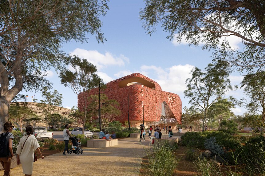 A artists' impression of a red tiled building surrounded by a scrubby landscape