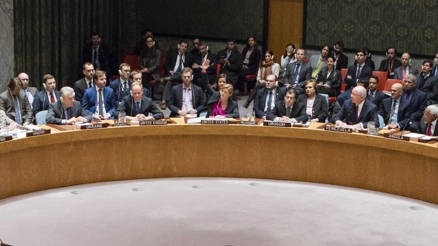 Samantha Power raises her hand to signal the US will abstain from the vote.