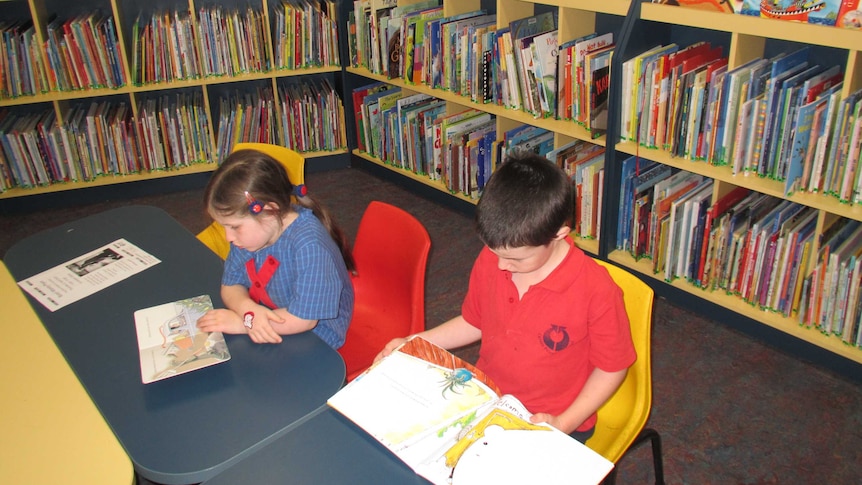 Two unidentified children reading books in the kids section of a public library.