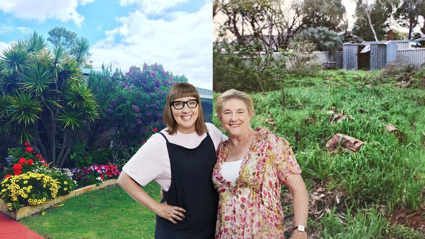 two women in front of well maintained garden and overgrown garden